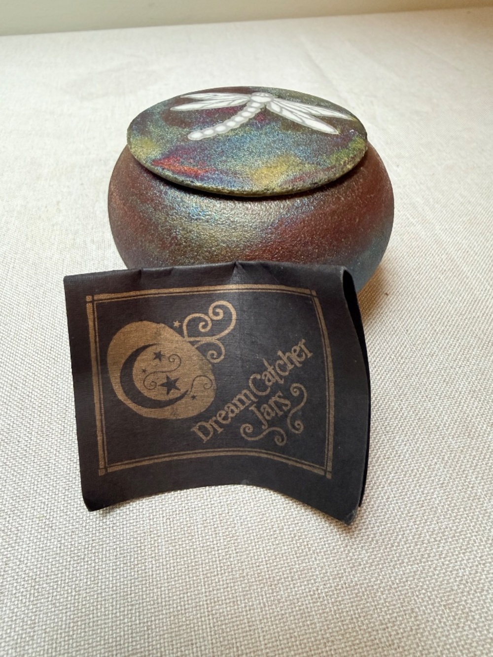 Raku Pottery Dragonfly Dream Catcher Jar Signed Jeremy Dillon With Insert - Picture 5 of 13